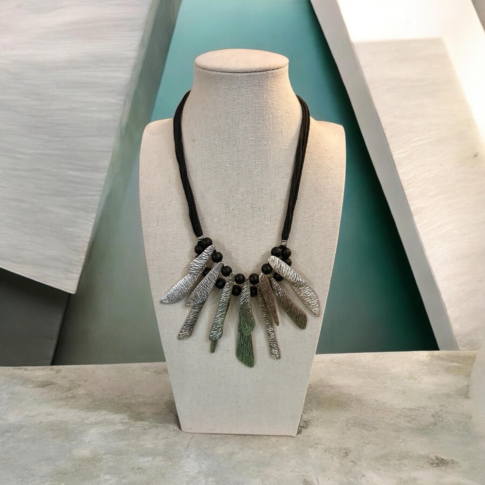 Boho Silver-tone Artisan and Black Beaded Necklace on Multi-cord Strings